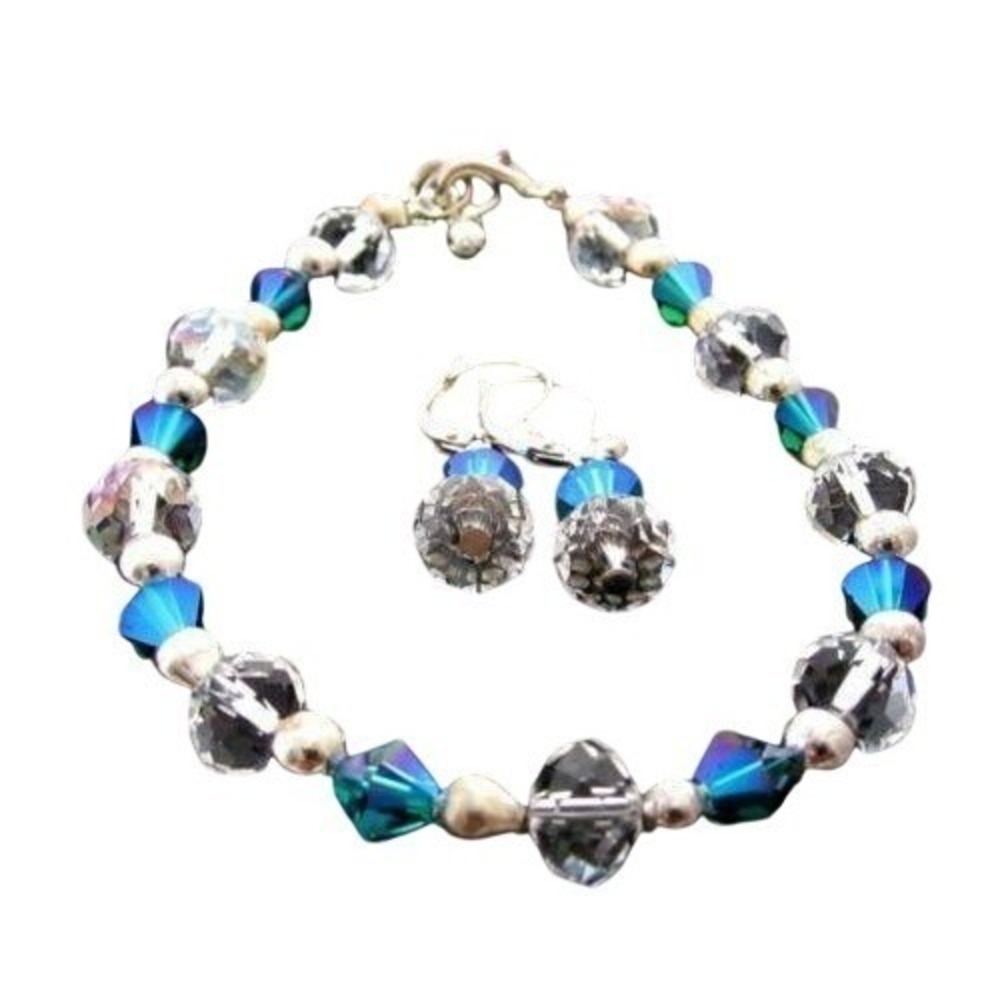 AB‎ DARK AQUA BLUE & CLEAR FACETED CRYSTAL BEAD SILVER BRACELET & EARRING SET